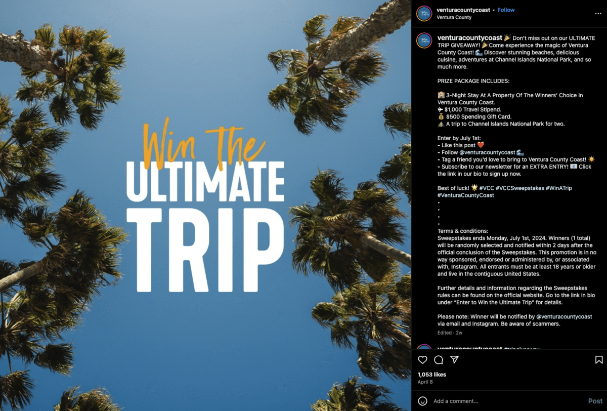 Screenshot of an Instagram post with palm trees and blue sky with text overlay reading "Win the ultimate trip"